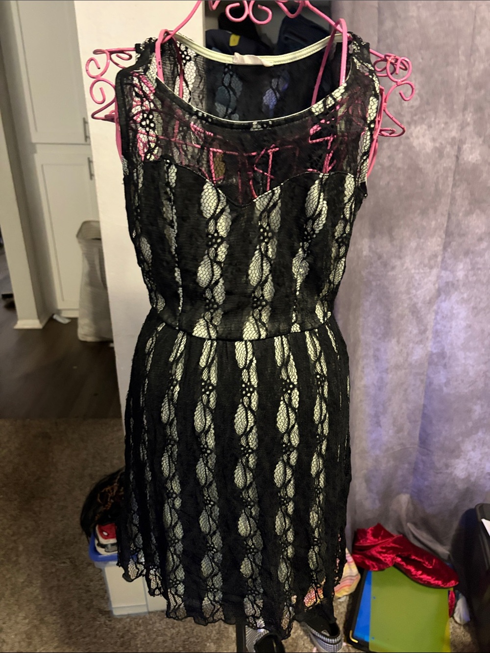 Misope Black Lace Mini Dress with Cream Underlay